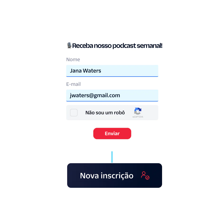 Signup form for a weekly podcast with fields for name, email, and a captcha checkbox.