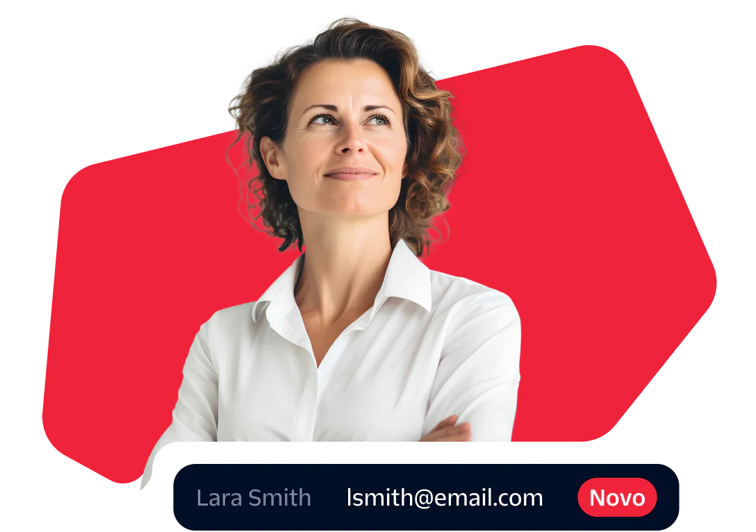 Woman in white shirt looking confident with an email address and new message alert
