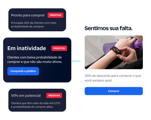 Segmented audience groups with labels Ready to buy, Dormant, and Potential VIPs, alongside a promotion.