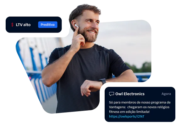 Man in athletic wear using wireless earbuds and checking smartwatch. Inset showing product advertisement.