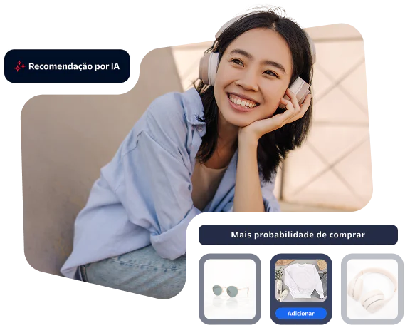 Woman in blue shirt wearing headphones and AI recommending sunglasses, shirt, and more headphones.