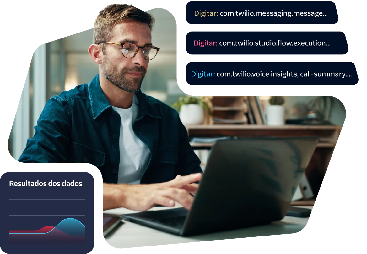 Man with glasses working on a laptop displaying Twilio API data results charts.