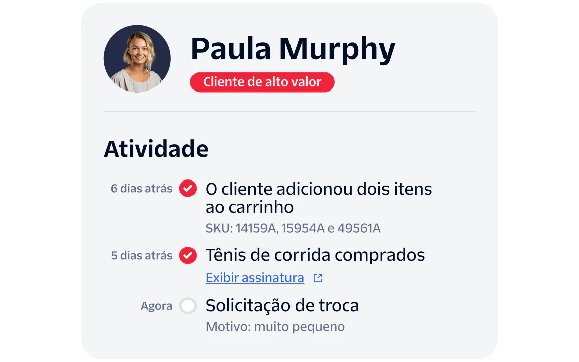 Profile of Paula Murphy showing recent shopping activities and an exchange request.