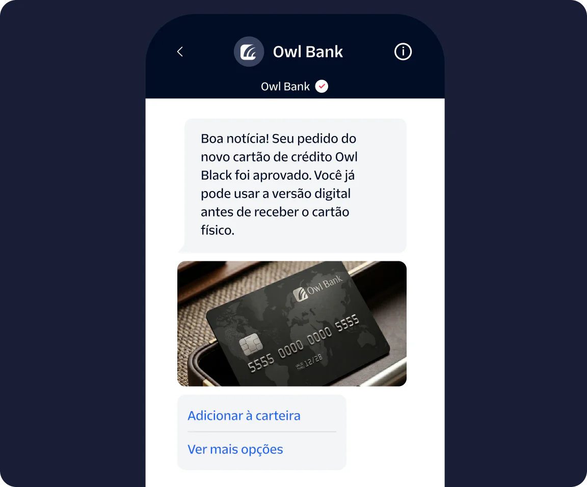 Smartphone screen displaying an approval message for a new Owl Bank Black credit card with an add to wallet option.