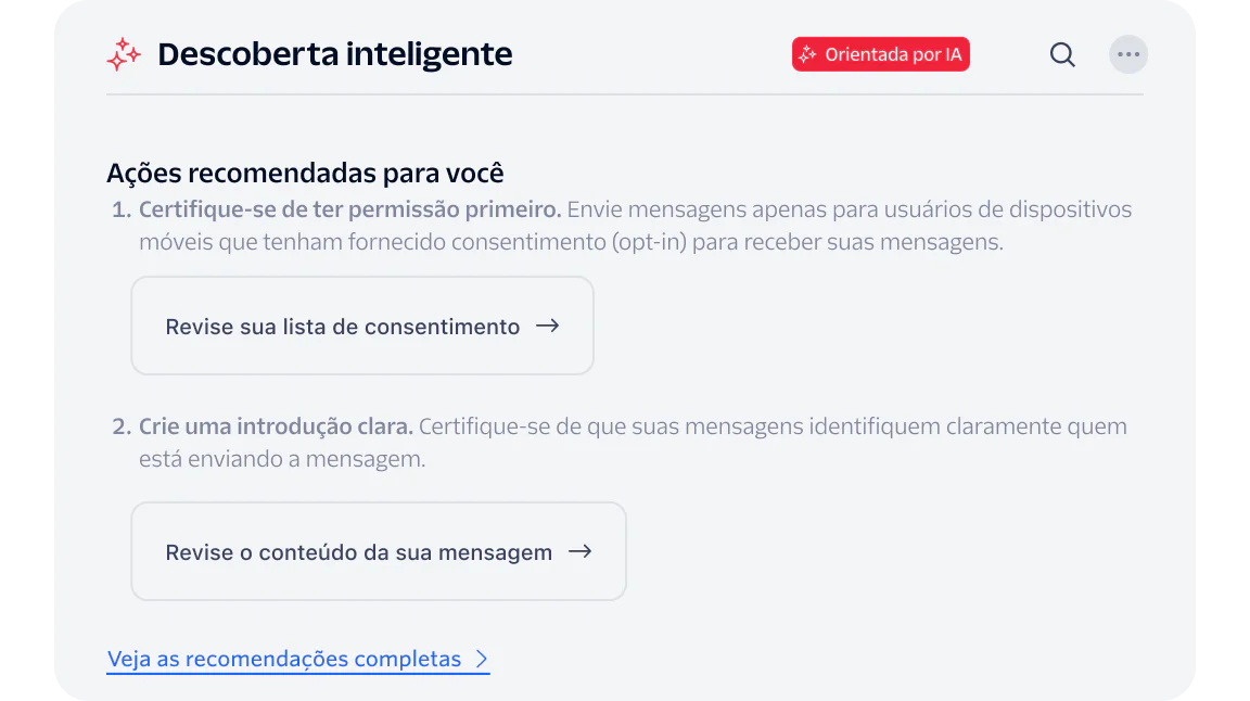 Interface showing recommended actions for intelligent discovery with review buttons.