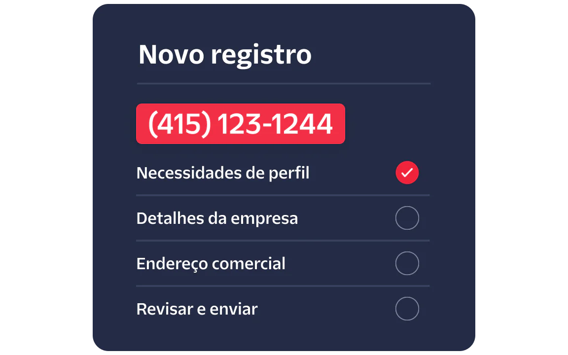 A registration form showing profile needs completed, business details, address, and review steps pending.
