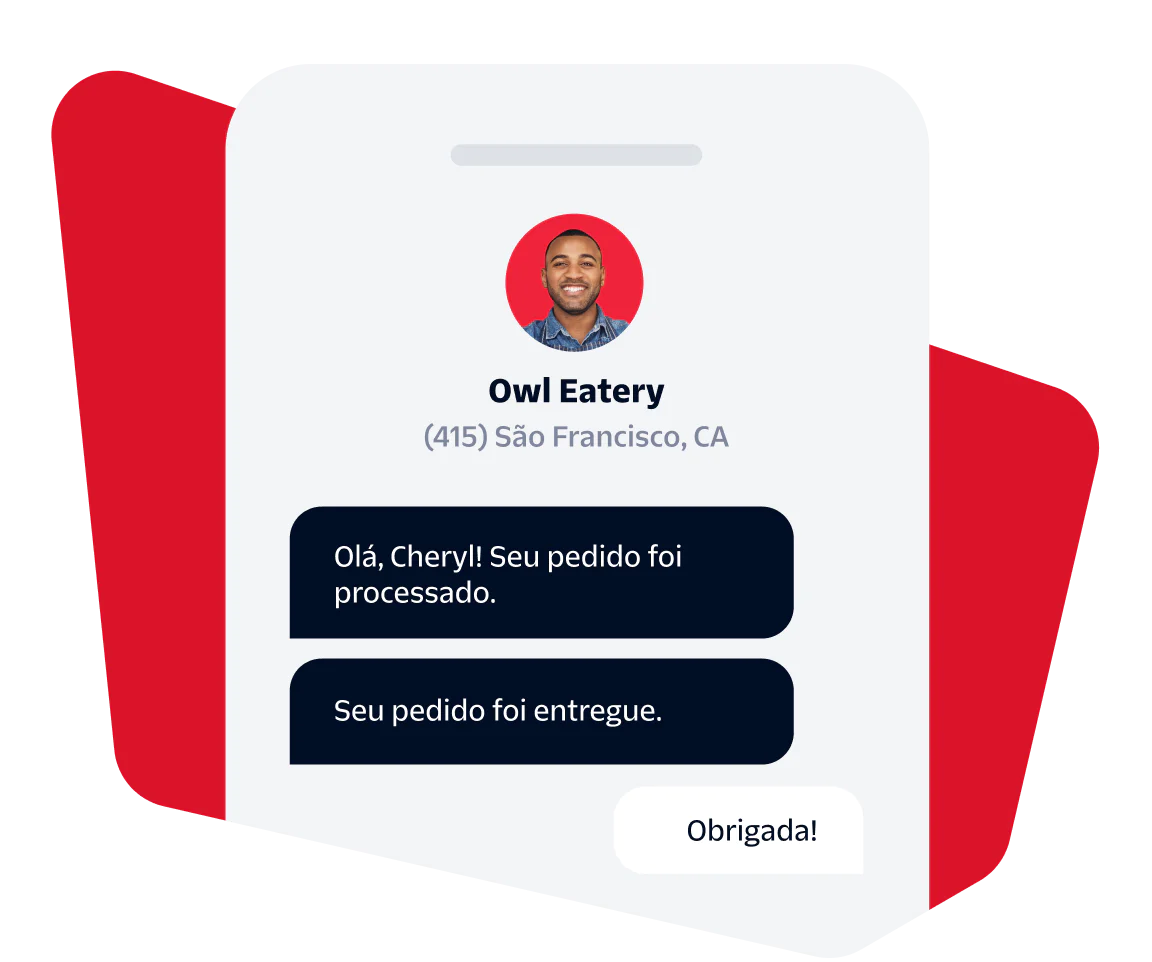 Food order notification from Owl Eatery to Cheryl with confirmation messages of order processing and delivery.