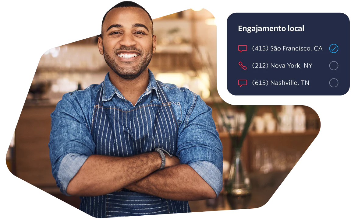 Smiling barista in a coffee shop with a contact list for local engagement on the side.