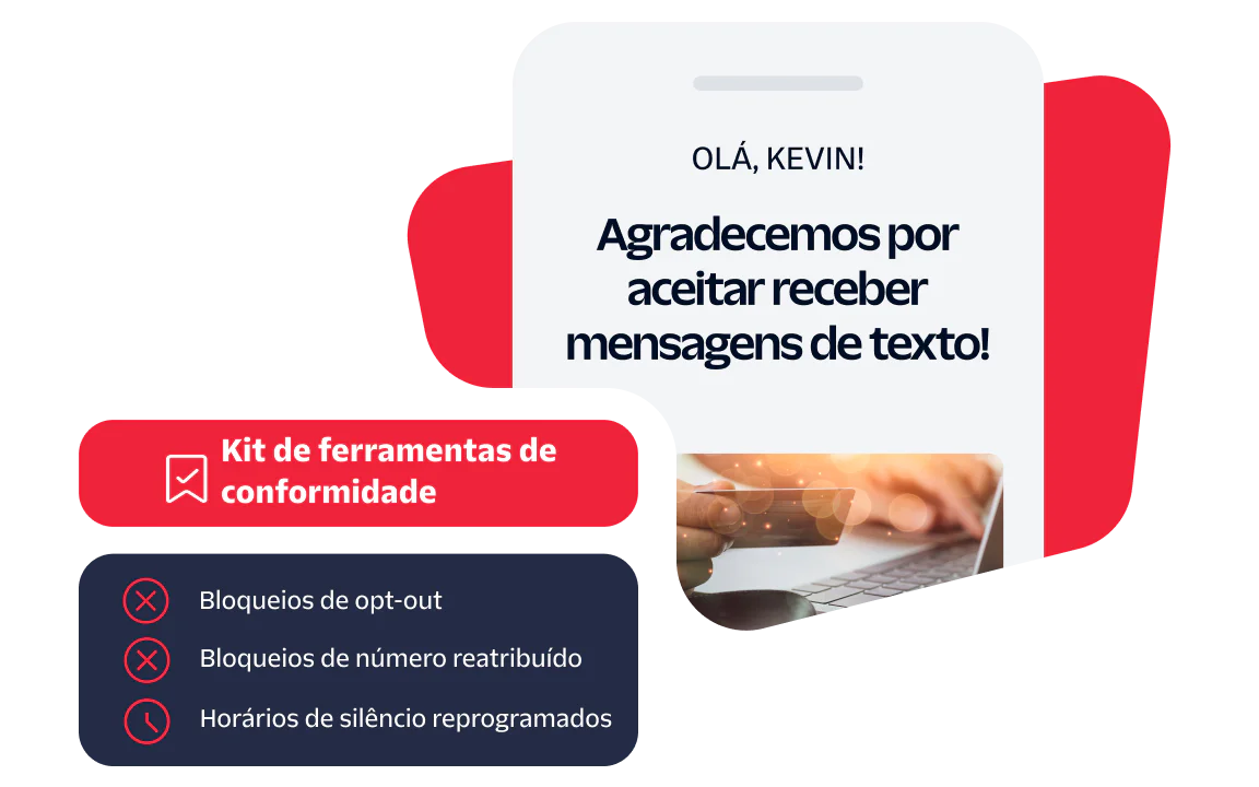 A phone screen showing a message thanking Kevin for opting in to receive text messages, with Compliance Toolkit details.