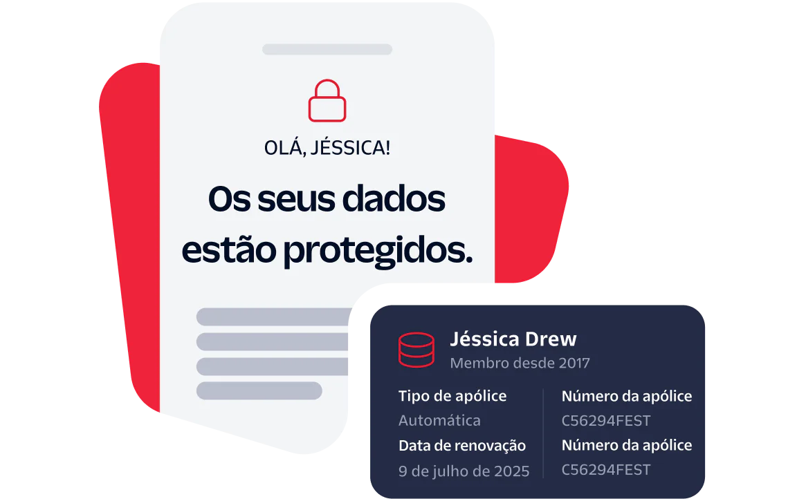 A digital card notifies Jessica Drew that her data is secured with policy details and renewal date.