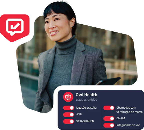 Businesswoman in a gray suit holding a tablet, with Owl Health's USA contact details and services displayed.