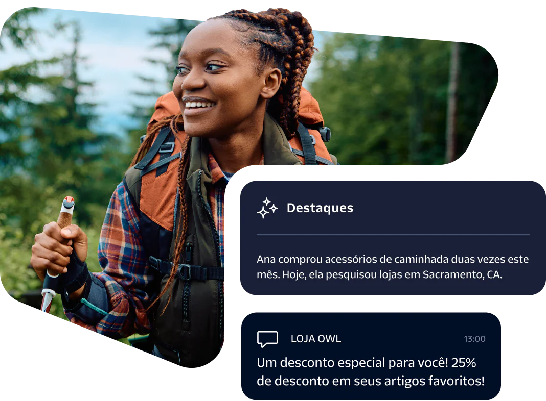 Woman with braided hair hiking and promotional messages about hiking accessories and special discount