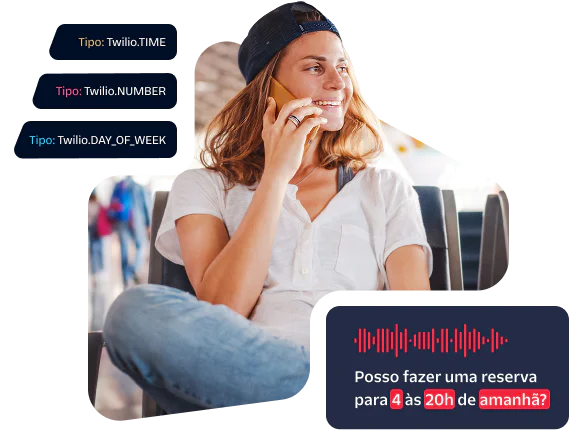 Woman sitting with crossed legs while talking on phone with displayed automated reservation messages.