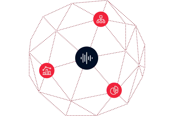 A central icon with surrounding red icons representing data analytics, flowchart, and pie chart linked by dotted lines.