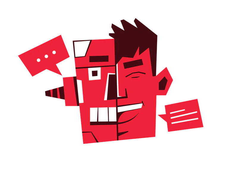 Half robot, half human face with speech bubbles saying HI! and HOW CAN I HELP YOU?
