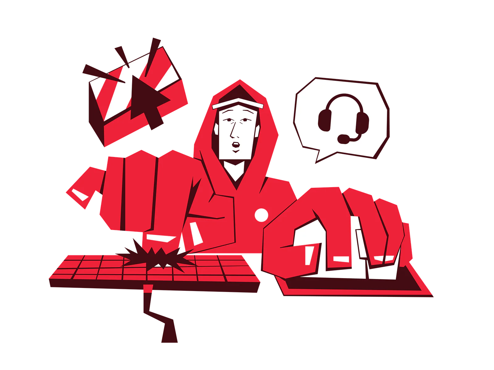 Cartoon of a person in a hoodie smashing a computer keyboard with text Human Assistance Required.