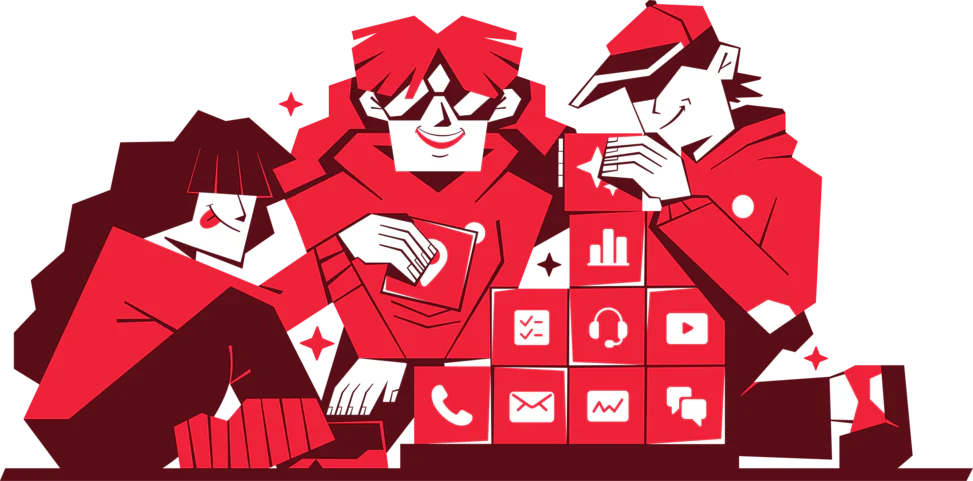 Ilustração editorial Twilio de pessoas interagindo com canais digitais de atendimento.