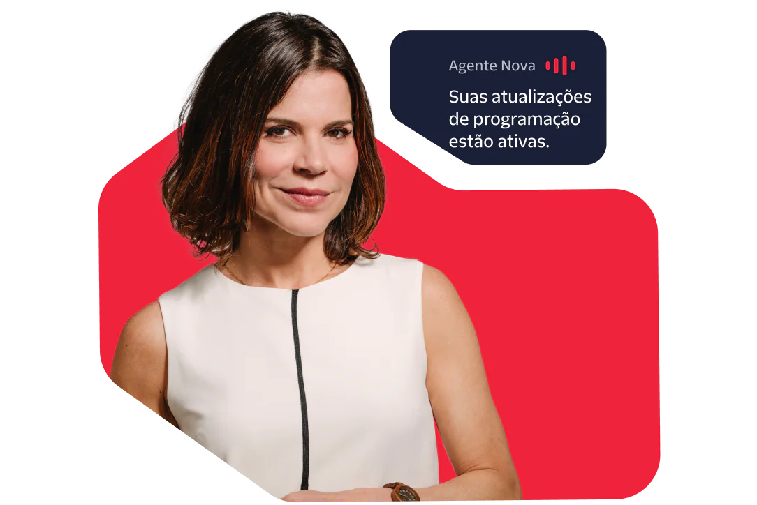 Woman in a white dress with a Nova agent reminder at 4