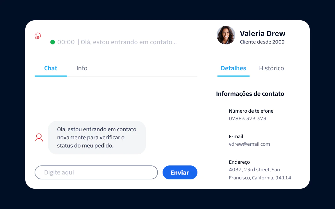 A chat window showing a customer's message, contact details, and an info tab with Valeria Drew's profile.