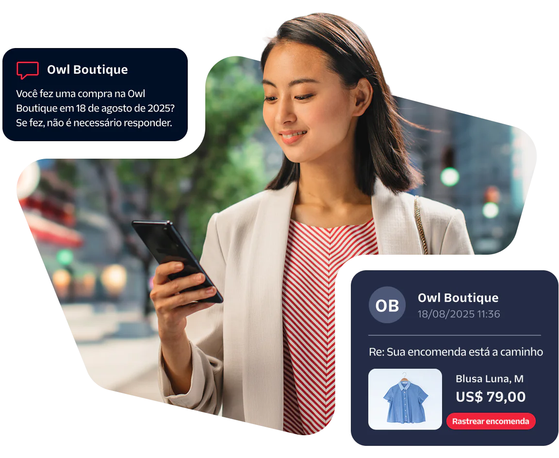 Woman smiling at her phone with shopping notifications and package tracking details