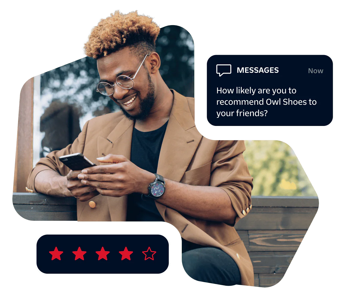 Man in brown blazer smiling at phone with feedback message about Owl Shoes and a 4-star rating.