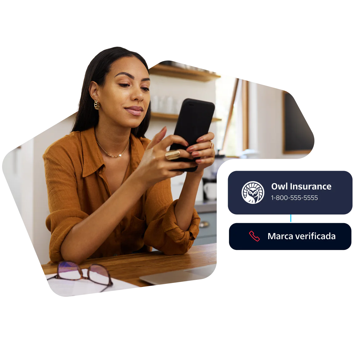 Woman in brown shirt looks at smartphone, Owl Insurance contact info displayed.