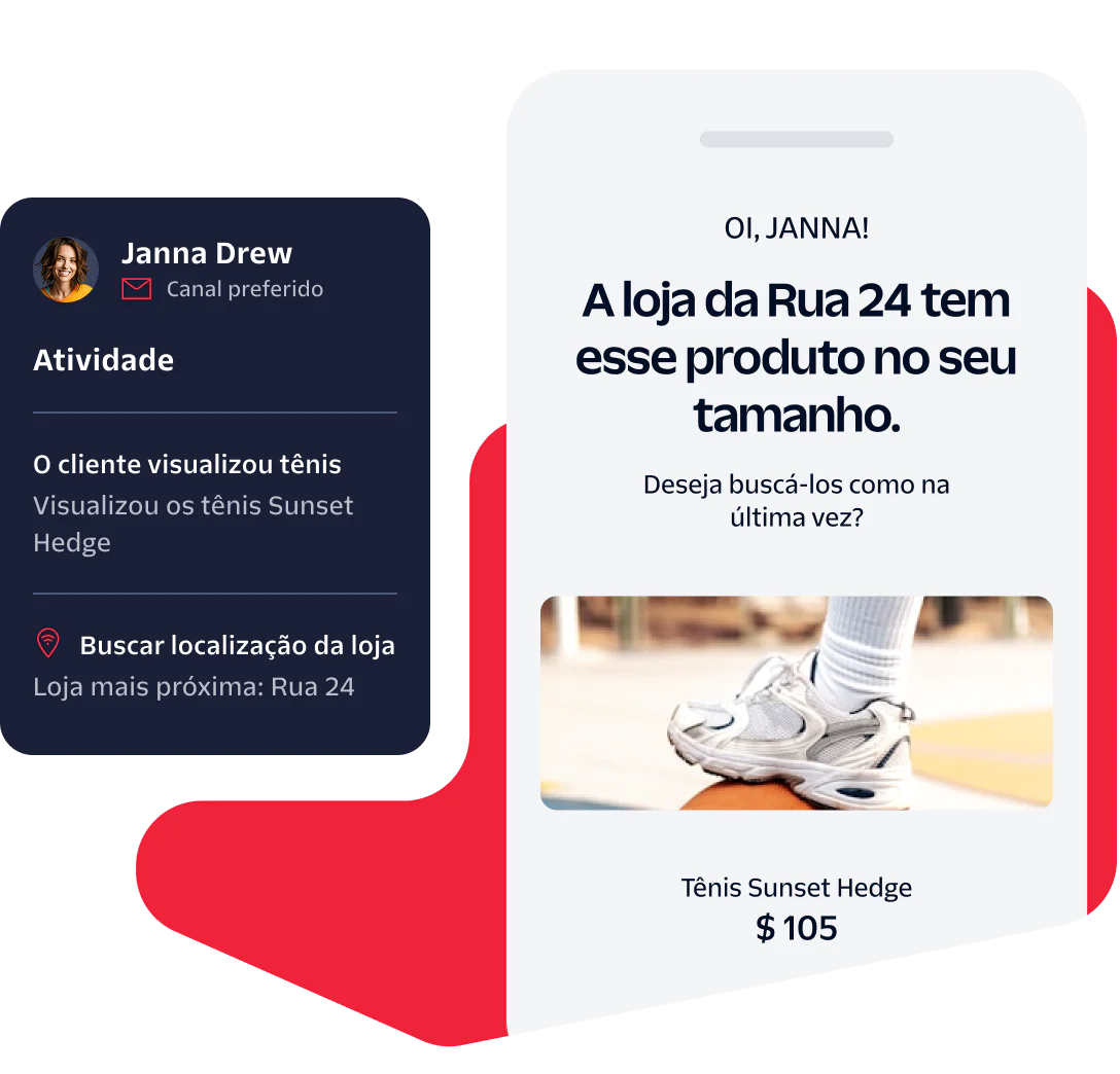 Mobile notification showing customer activity details and recommending shoes based on location and preferences.