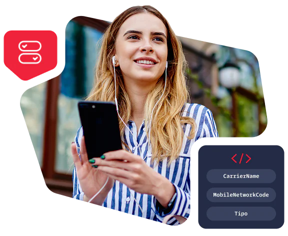 Smiling woman wearing striped shirt, holding a smartphone, and listening to headphones