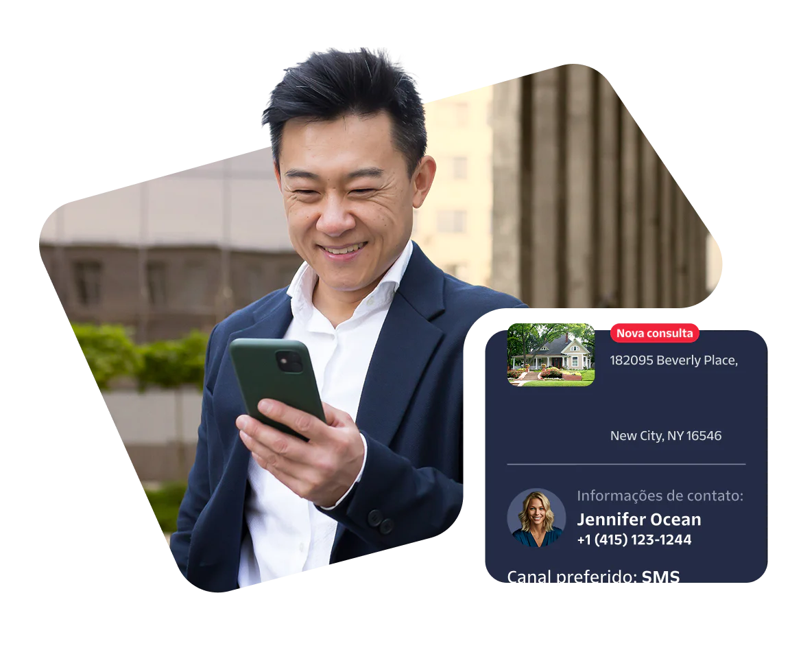 Man smiling while looking at his smartphone, real estate inquiry details in a box beside him.