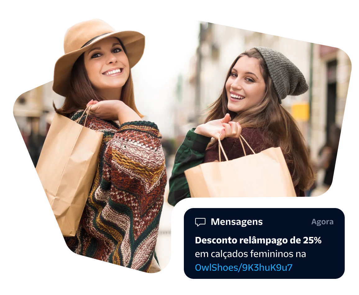 Two smiling women shopping with discount offer pop-up for women's shoes.