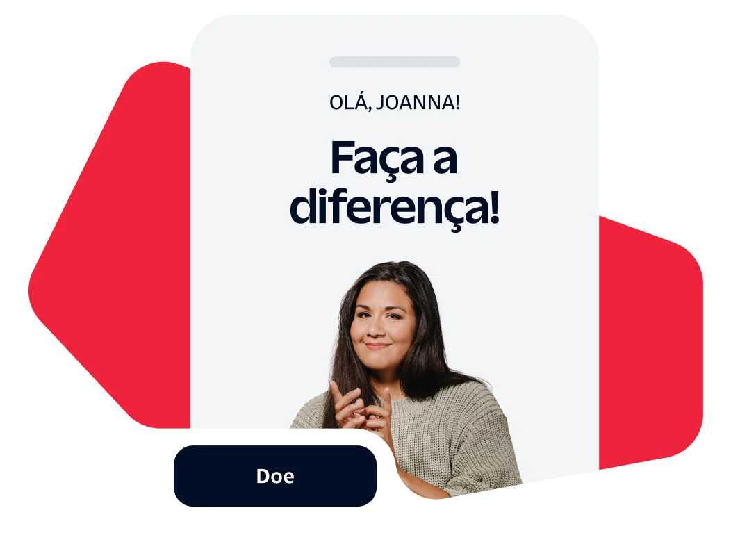 Woman in front of Be a part of the change! message with a donate button below.