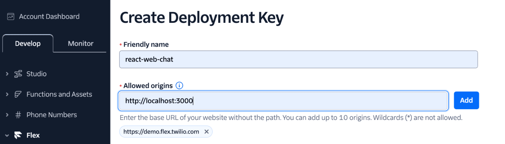 An image showing how to create a deployment key in the Twilio Console.
