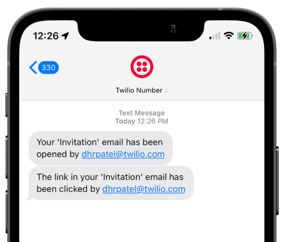 Screenshot showing an SMS alert