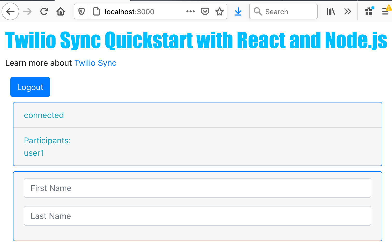 Sync React Quickstart Screen - Logged In.