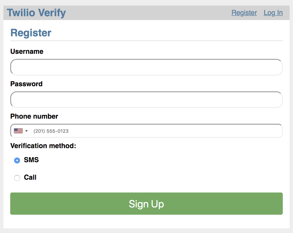 sign up form with phone verification.