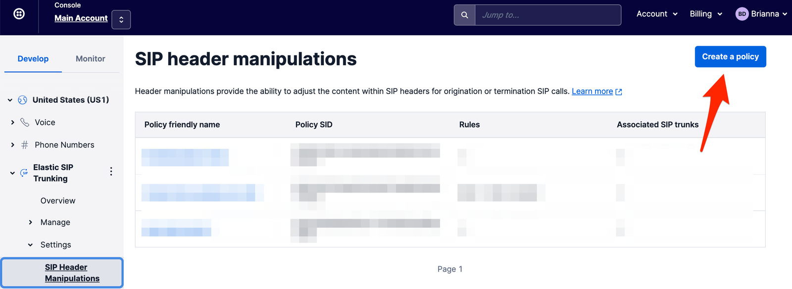 Header Manipulation - Click Create a Policy button.
