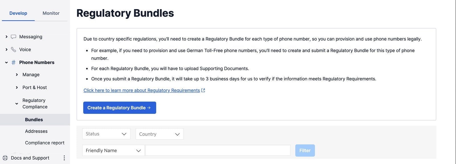 Create a new regulatory bundle in the Twilio Console.