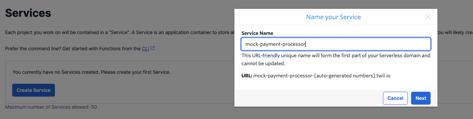 Give Twilio Serverless Service the name 'mock-payment-processor' in the Console.