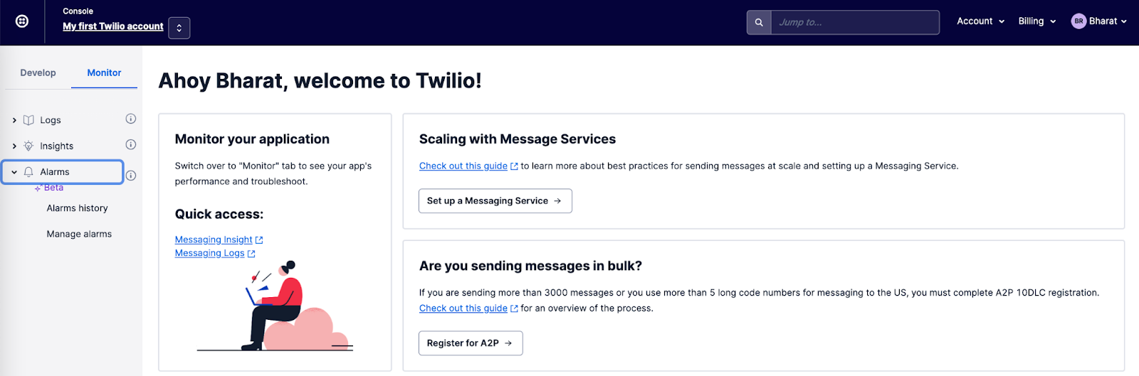 A view of the Twilio Console showing the Alarms sub-nav expanded.