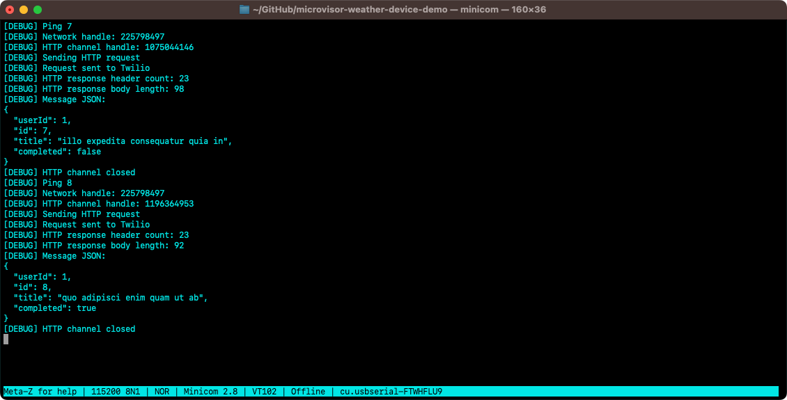 Debugging messages viewed in a local terminal.