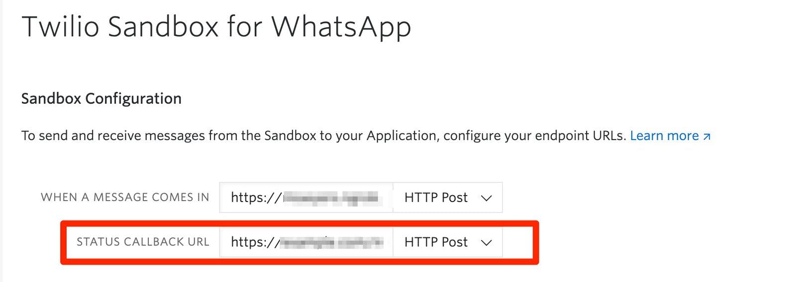 The Status Callback URL field inside the Twilio Sandbox for WhatsApp.