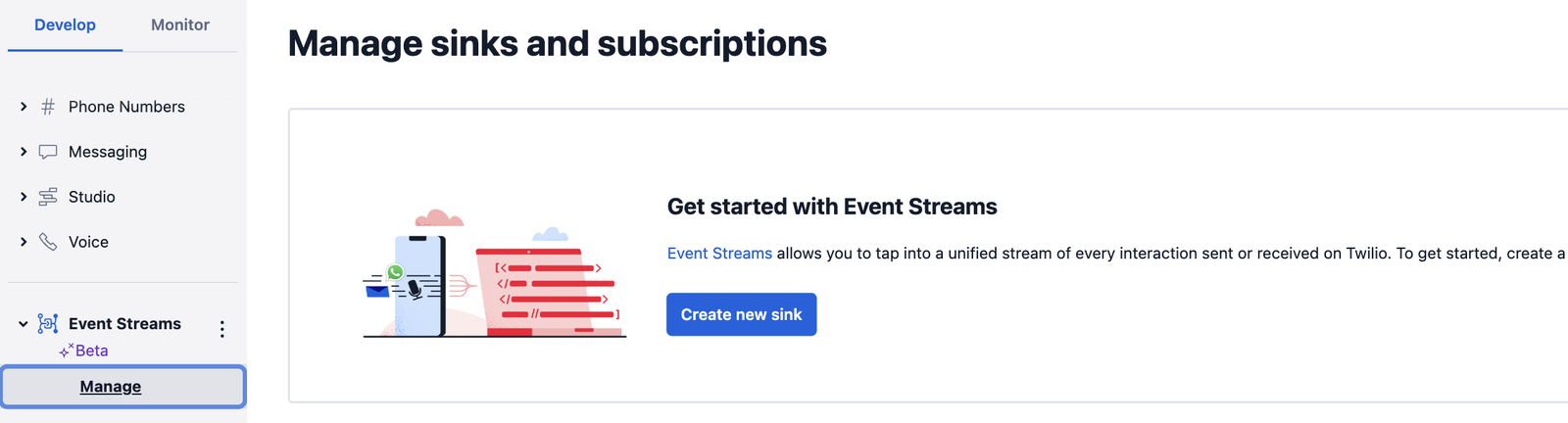Manage sinks and subscriptions page.
