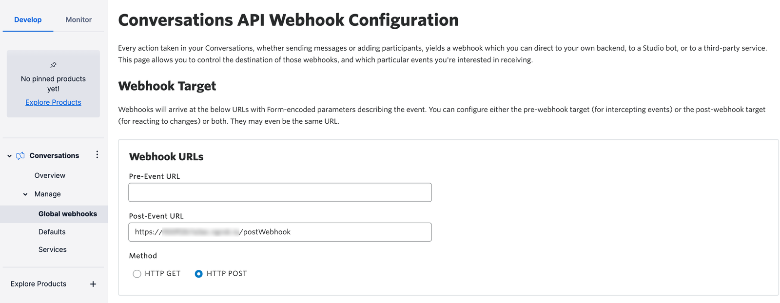 Configuring global webhooks for Conversations in the Twilio Console.