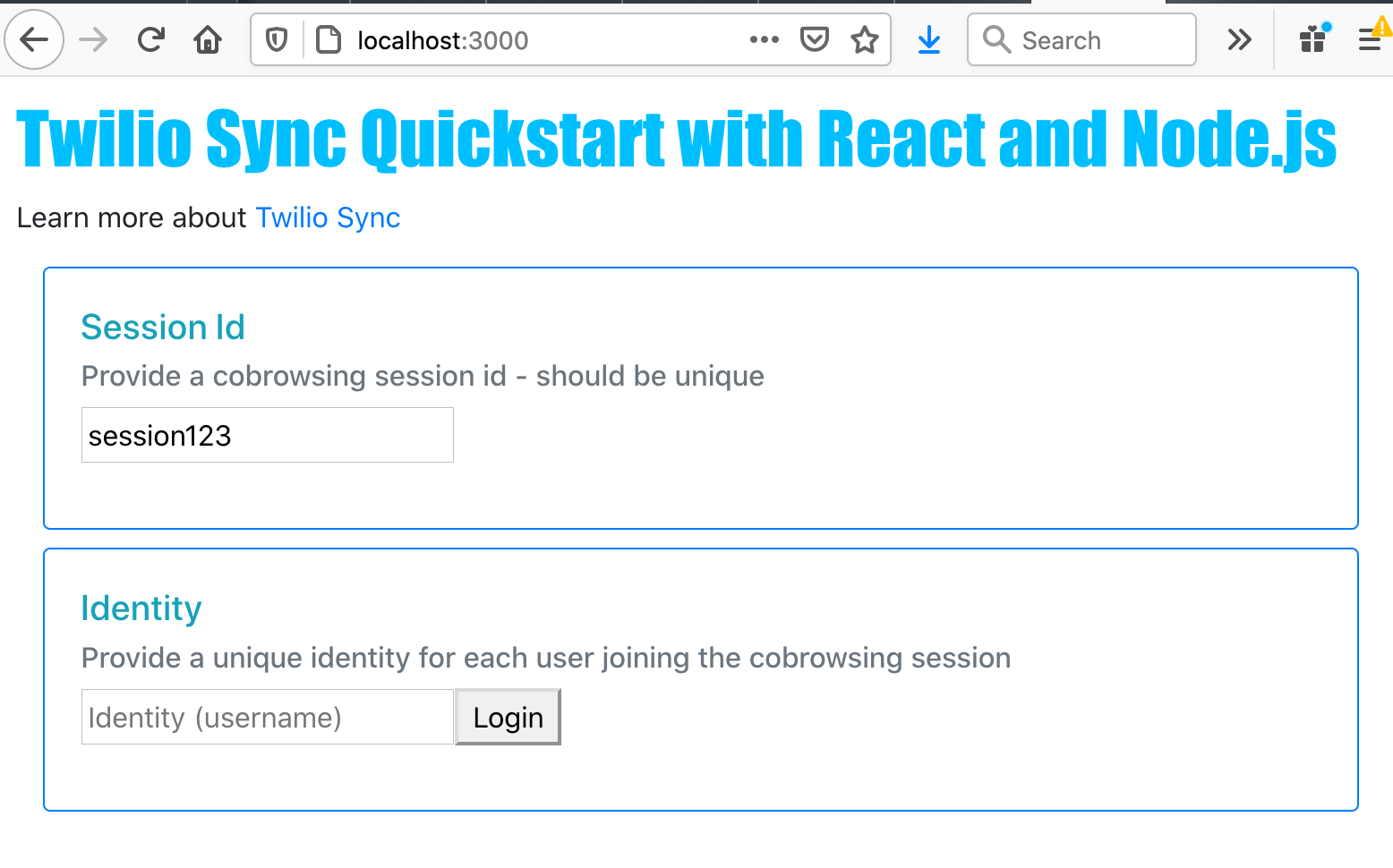 Sync React Quickstart Screen - Not Logged In.
