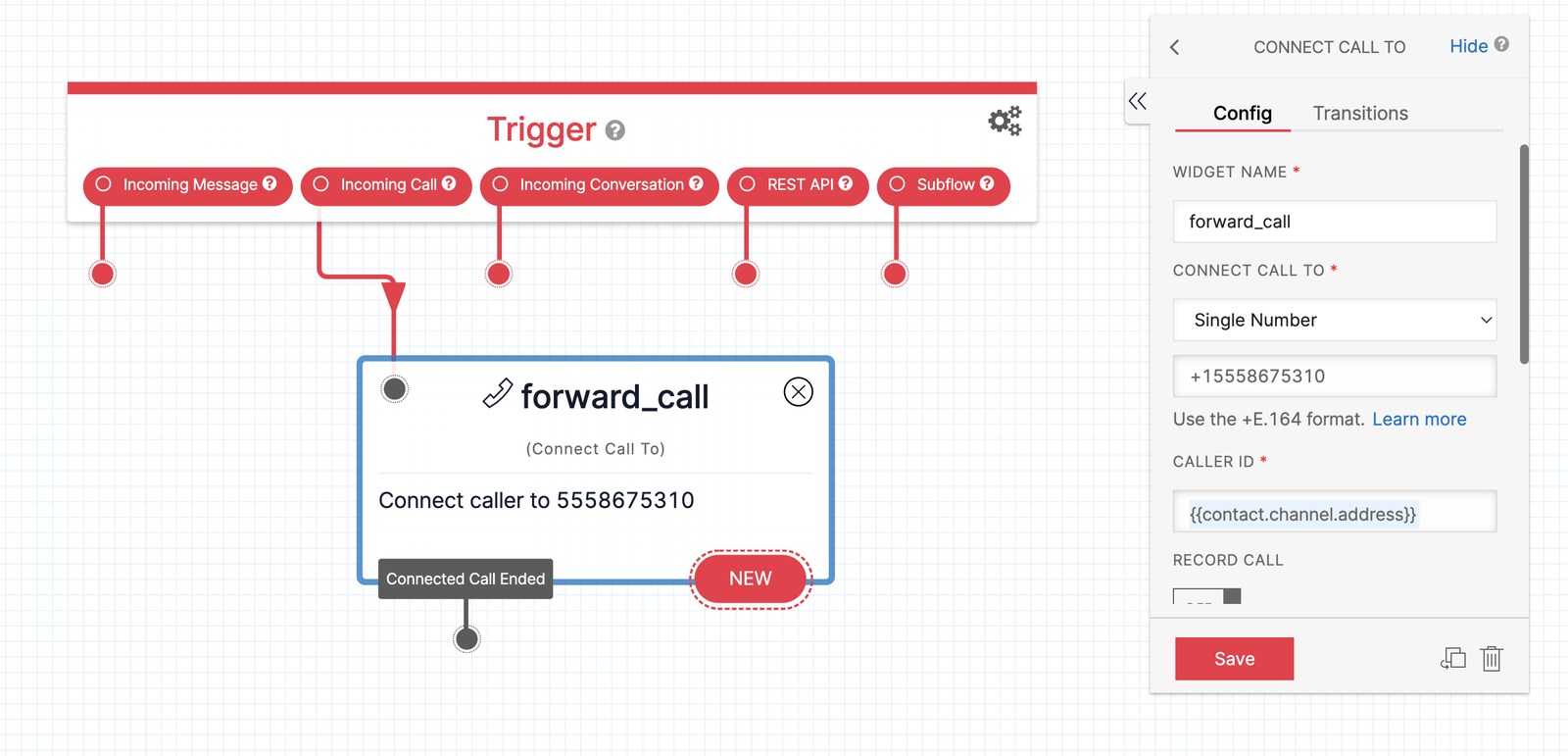 Twilio Studio Tutorial Forward Calls Connect Call To Widget on Canvas shown with configuration panel on the right.
