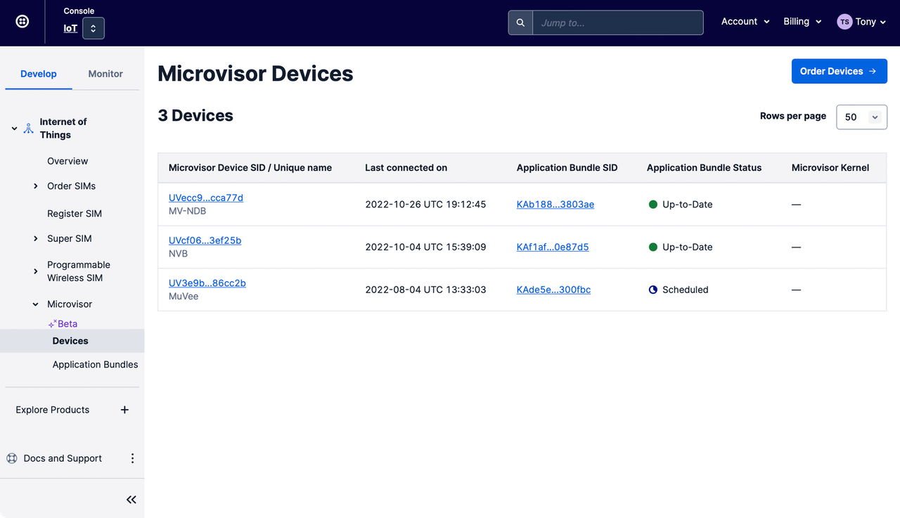 Your Microvisor devices list in the Twilio Console.