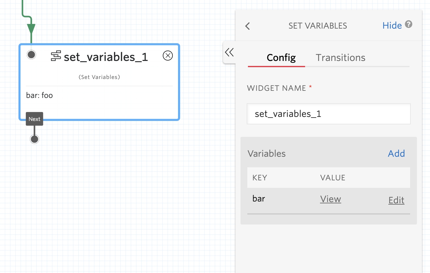 A simple Studio Set Variables widget, where the key is bar and value is foo.