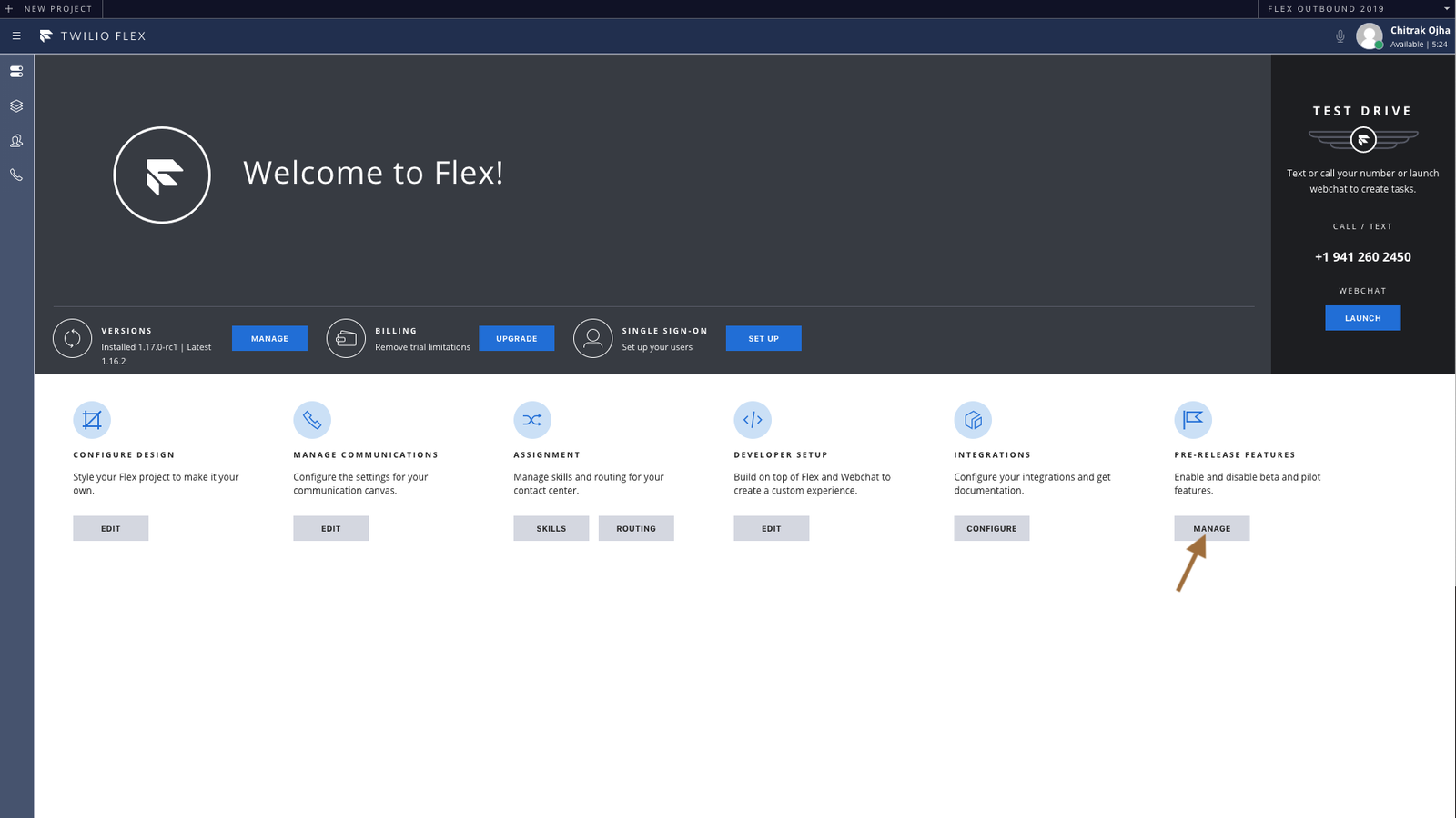 The Flex Admin View with an arrow pointing to a button labeled 'manage' for pre release features.
