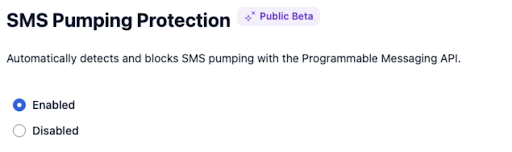 SMS Pumping Protection Settings.