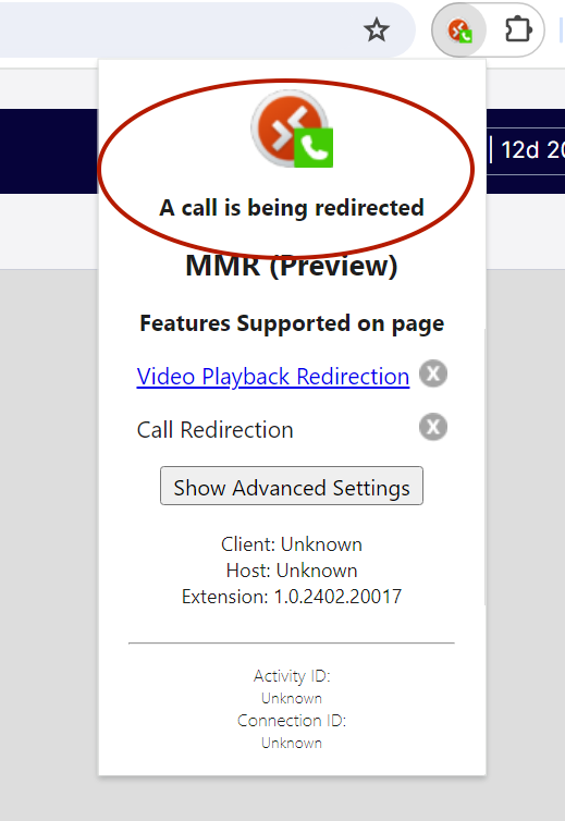 MMR extension pane with the message A call is being redirected